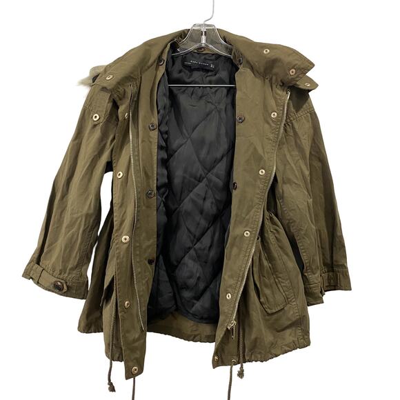 ZARA WOMAN Faux fur hooded Parka Jacket short olive green Size S - Picture 3 of 7